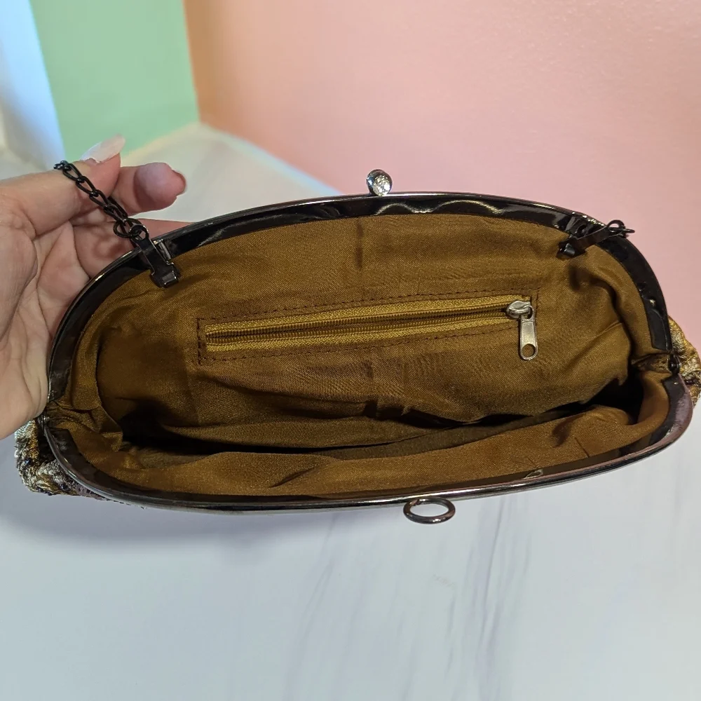 Y2K Mini Whimsigoth Handbag Tiny Frame Bag Gold Brocade Shabby Chic Retro Sequin